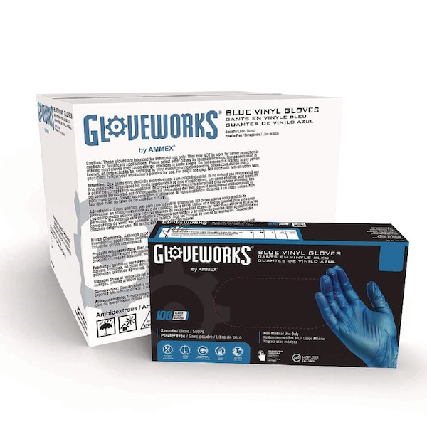 Gloveworks By Ammex Disposable Gloves, 3 mil Palm, Vinyl, Powder-Free, L, 1000 PK, Blue IVBPF46100 - main